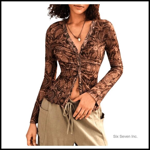 Tops - Boho Paisley Print Button Down Shirt Y2K Retro Long Sleeve Fitted Top